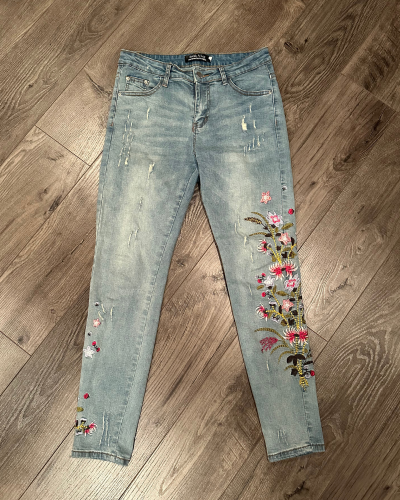 Y2K Floral Embroidery Women's Skinny Jeans - Size M