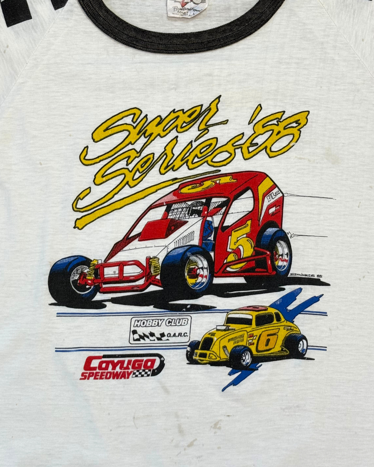 
                  
                    Rare Vintage '88 Super Series Cayuga Speedway Ringer T-Shirt - Size L
                  
                